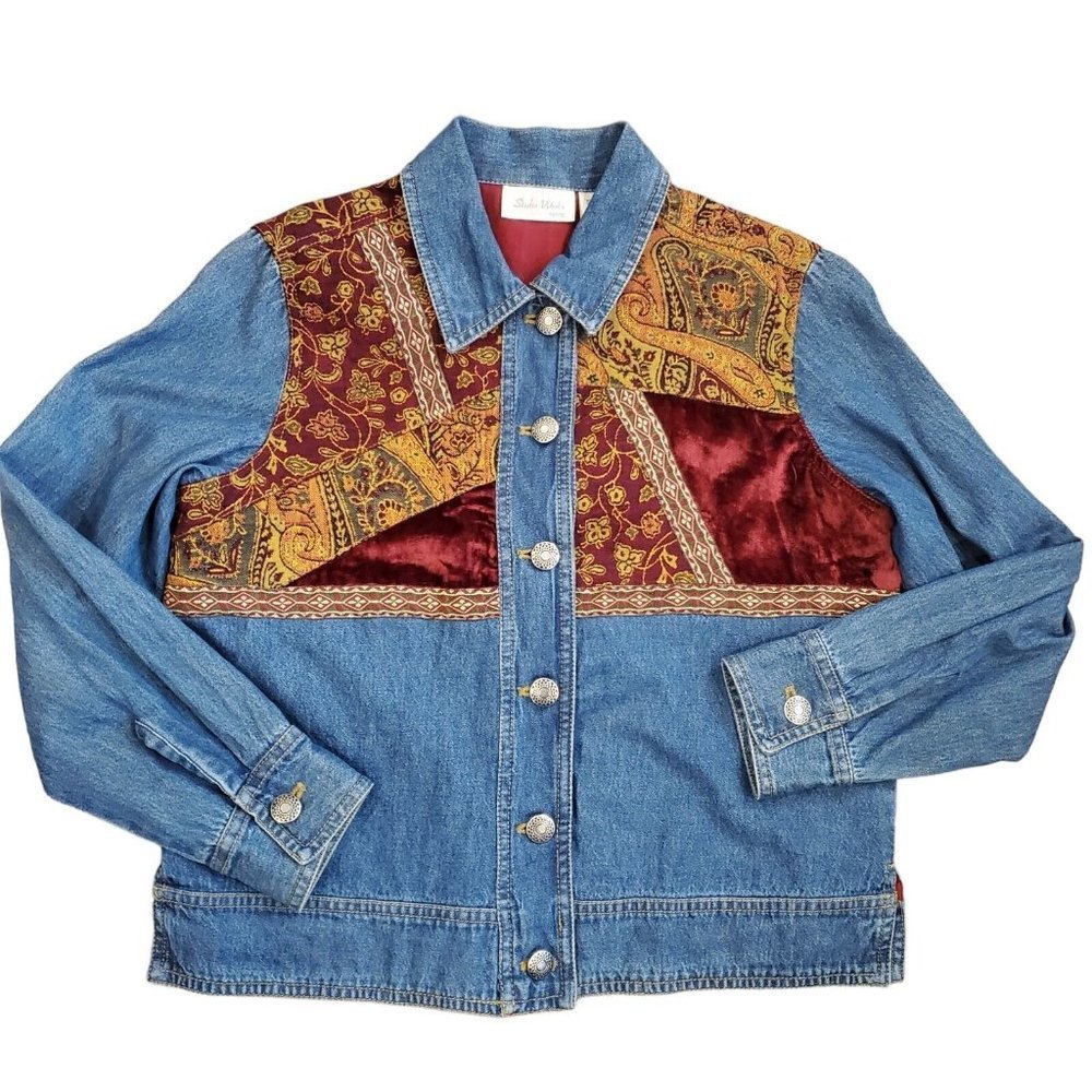 Vintage 90s Denim Velvet Tapestry Jacket Patchwork Blue Paisley Sz Small Petite